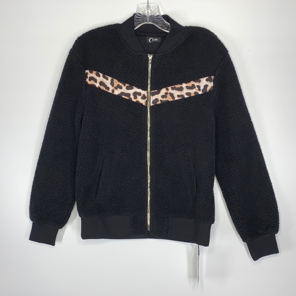 ZYIA Active Black Leopard Flying V Fleece Jacket Size XS NWT